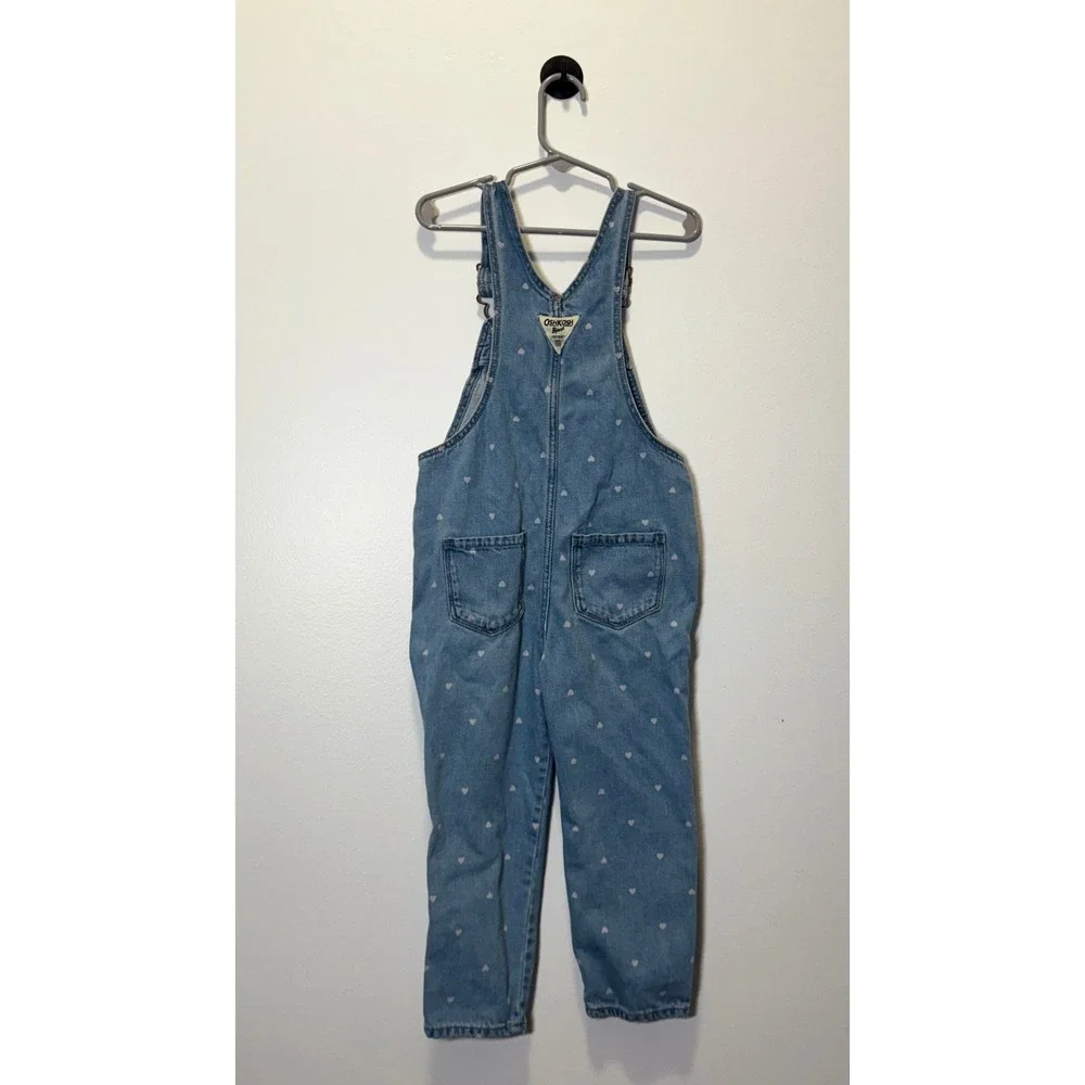 OshKosh Bgosh Girls 4T Blue Denim Heart Print‎ Overalls Heart Bib Pocket